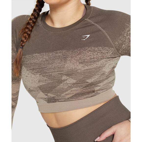 Gymshark Adapt Ombre Lifting Crop Top Long Sleeve Brown geometric Print Womens S - Picture 8 of 16